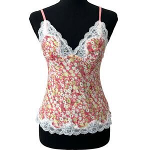 Vintage Jezebel babydoll Floral Lace Trim Camisole cami Tank Top fairy summer S